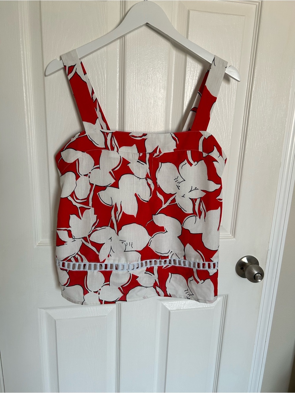 J.O.A. Red and White Floral Square-Neck Cami with Trim